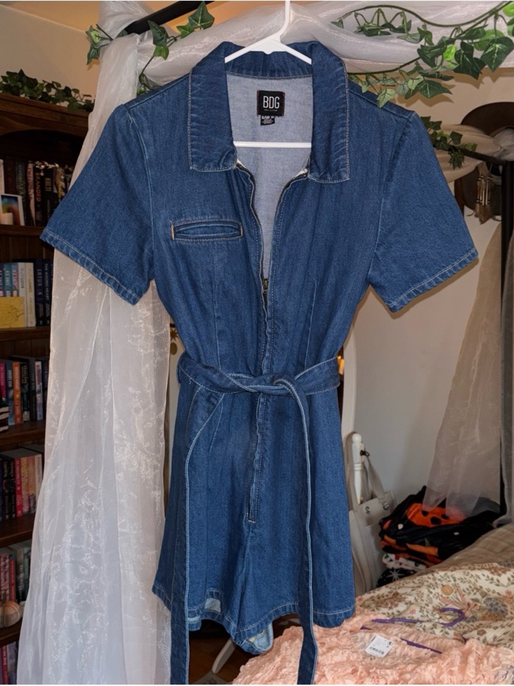 BDG Denim Short-Sleeve One-Piece Romper - Blue
